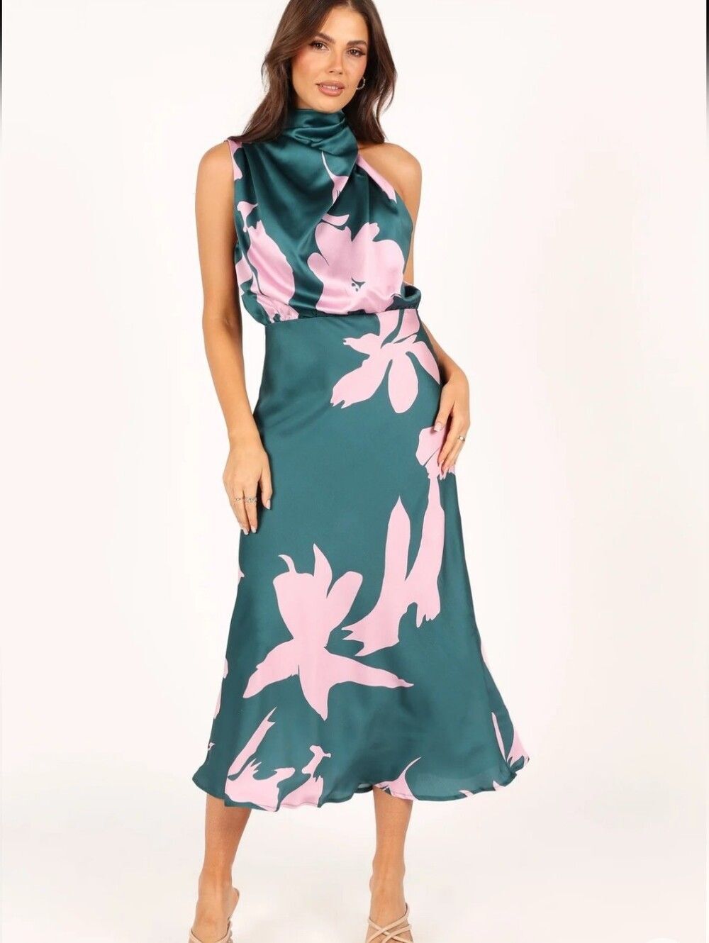 Petal & Pup Women's Anabelle Halter Neck Midi Dress, Green Pink Size Small